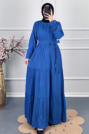 Katkat Kuşaklı Ponpon Elbise - Mavi