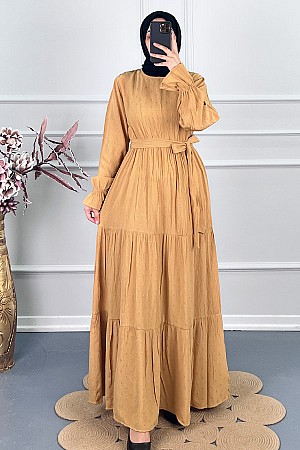 Katkat Kuşaklı Ponpon Elbise - Taş