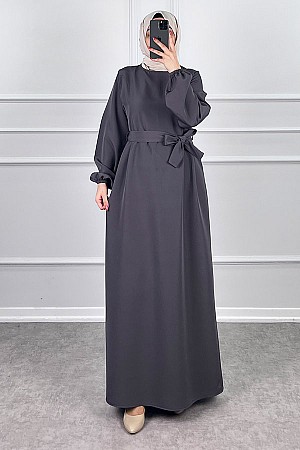 Kuşaklı Double Kumaş Elbise - Gri