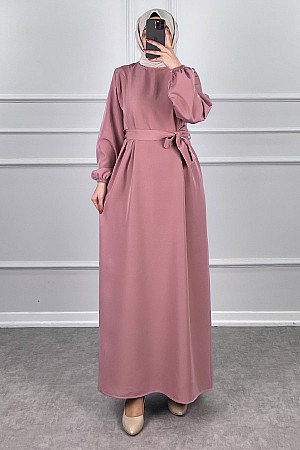 Kuşaklı Double Kumaş Elbise - Pudra
