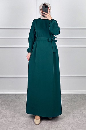 Kuşaklı Double Kumaş Elbise - Zümrüt Yeşili