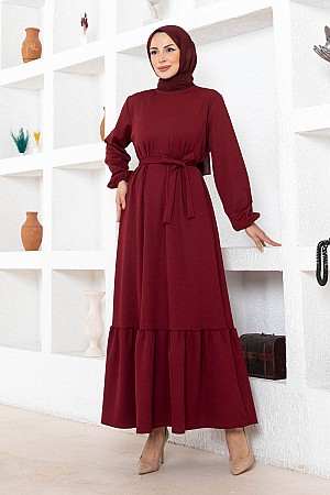Kuşaklı Piliseli Elbise - Bordo Kuşaklı Piliseli Elbise - Bordo