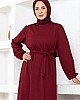 Kuşaklı Piliseli Elbise - Bordo Kuşaklı Piliseli Elbise - Bordo