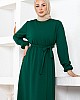 Kuşaklı Piliseli Elbise - Zümrüt Yeşili