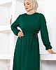 Kuşaklı Piliseli Elbise - Zümrüt Yeşili