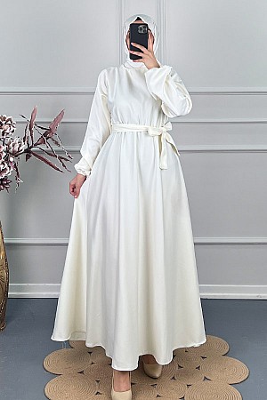 Kuşaklı Saten Elbise - Beyaz
