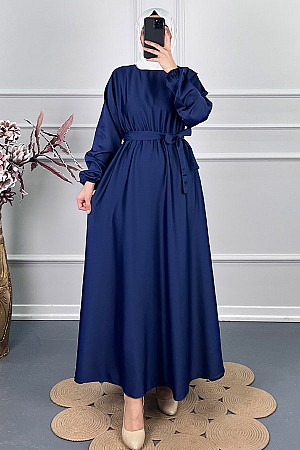 Kuşaklı Saten Elbise - Lacivert