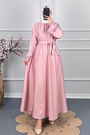 Kuşaklı Saten Elbise - Pudra