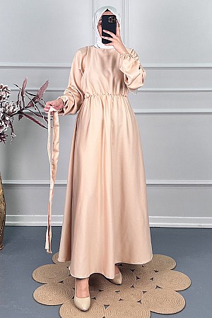 Kuşaklı Saten Elbise - Taş