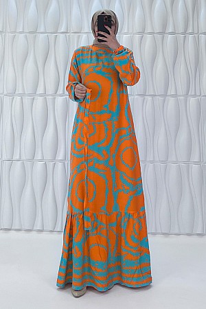 Mazi Desenli Pamuk Viskon Elbise - Turuncu Mazi Desenli Pamuk Viskon Elbise - Turuncu