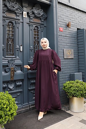 Medine İpeği Tesettür Elbise - Mürdüm