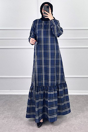 Mevsimlik Ekose Kumaş Elbise - Mavi Mevsimlik Ekose Kumaş Elbise - Mavi