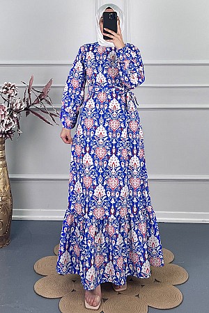 Modern Desen Elbise - Mavi