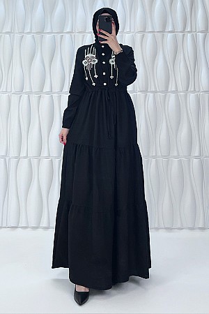 Nakışlı Düğmeli Elbise - Siyah Nakışlı Düğmeli Elbise - Siyah