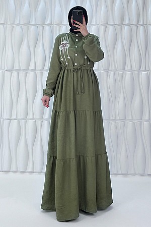 Nakışlı Düğmeli Elbise - Yeşil