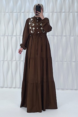 Nakışlı Kat Kat Elbise - Kahverengi Nakışlı Kat Kat Elbise - Kahverengi