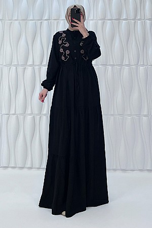 Nakışlı Kat Kat Elbise - Siyah