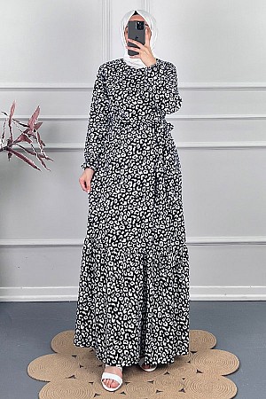 Natural Desenli Kışlık Süet Elbise - Lacivert