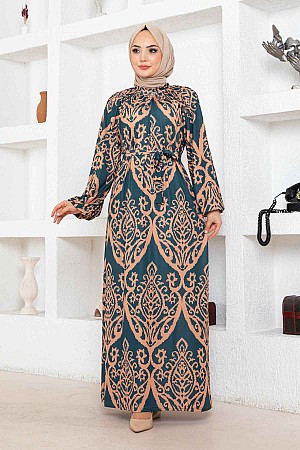 Nilüfer Desen Reglan Elbise - Yeşil Nilüfer Desen Reglan Elbise - Yeşil