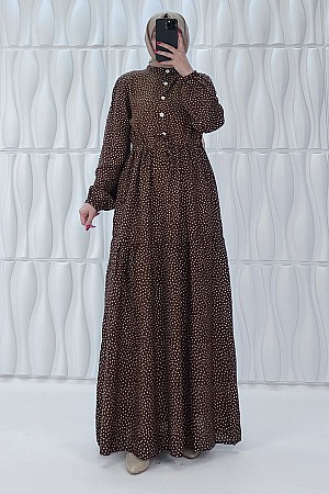Nokta Desenli Düğmeli Viskon Elbise - Kahverengi