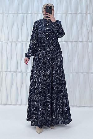 Nokta Desenli Düğmeli Viskon Elbise - Lacivert