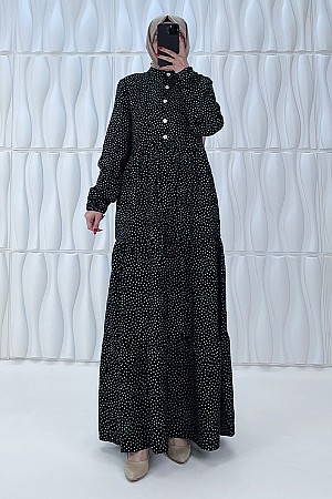 Nokta Desenli Düğmeli Viskon Elbise - Siyah