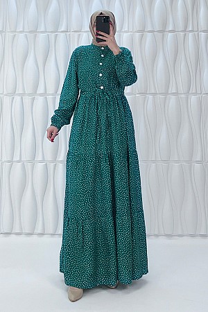 Nokta Desenli Düğmeli Viskon Elbise - Yeşil Nokta Desenli Düğmeli Viskon Elbise - Yeşil