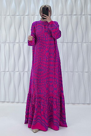 Odak Desenli Pamuk Viskon Elbise - Eflatun