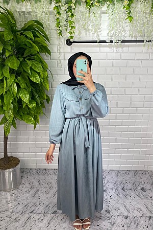 Önü Düğmeli Lara Kumaş Elbise - Gri