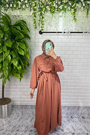 Önü Düğmeli Lara Kumaş Elbise - Kahverengi