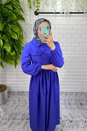 Önü Düğmeli Lara Kumaş Elbise - Lacivert