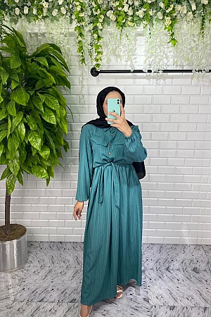 Önü Düğmeli Lara Kumaş Elbise - Su Yeşili