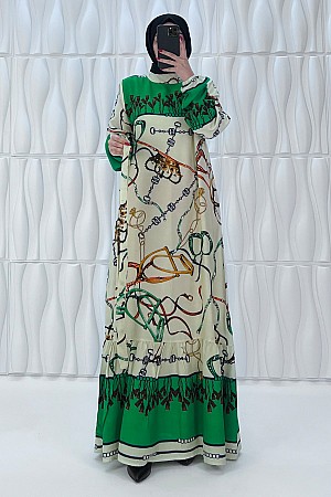 Ortantal Desenli Pamuk Viskon Elbise - Yeşil