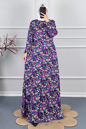 Pamuk Viskon Belden Oturtmalı Elbise - Mor