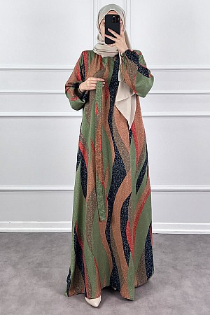 Pamuk Viskon Renkli Elbise - Sütlü Kahve