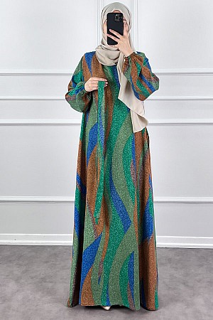 Pamuk Viskon Renkli Elbise - Yeşil