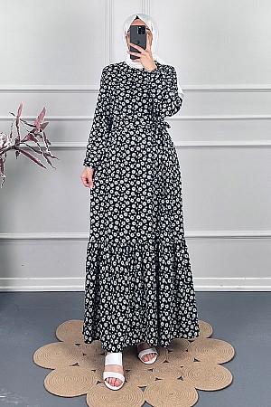 Papatya Desenli Kışlık Süet Elbise - Siyah