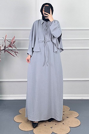 Pelerinli Tesettür Elbise - Gri
