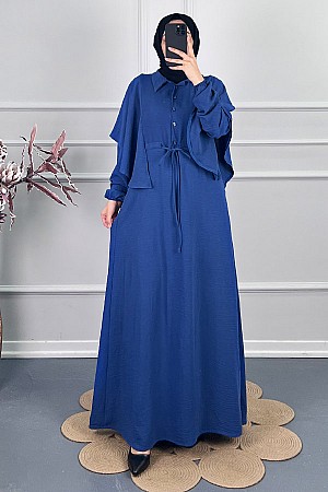 Pelerinli Tesettür Elbise - Mavi
