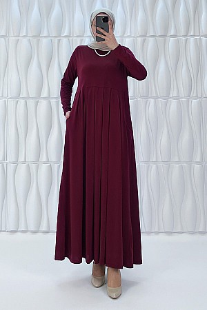 Pileli Cepli Elbise - Bordo