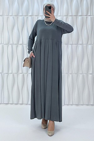Pileli Cepli Elbise - Gri