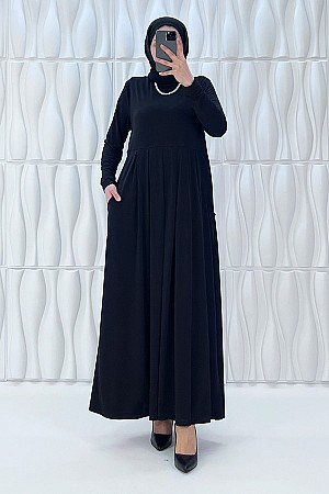 Pileli Cepli Elbise - Siyah