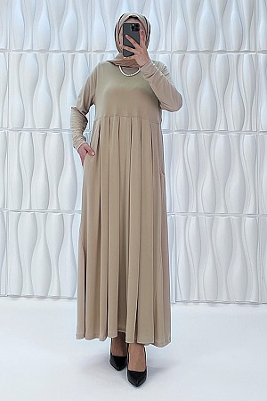 Pileli Cepli Elbise - Taş Pileli Cepli Elbise - Taş