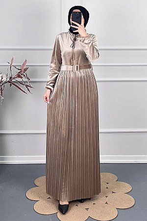 Pileli Kuşaklı Kadife Elbise - Vizon