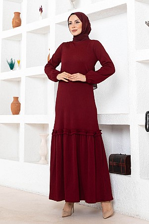Piliseli Burgu Kumaş Elbise - Bordo