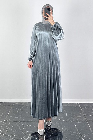 Piliseli Kadife Elbise - Gri Piliseli Kadife Elbise - Gri