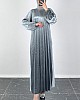 Piliseli Kadife Elbise - Gri Piliseli Kadife Elbise - Gri