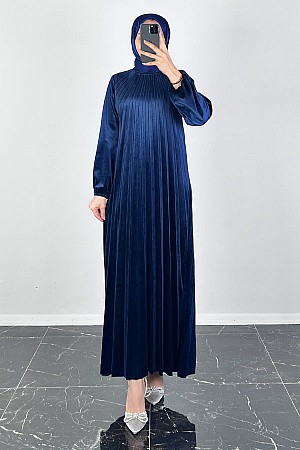Piliseli Kadife Elbise - Lacivert Piliseli Kadife Elbise - Lacivert