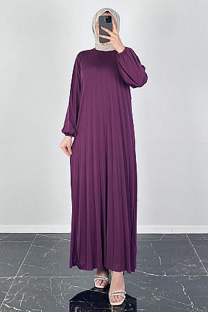 Piliseli Tesettür Elbise - Eflatun Piliseli Tesettür Elbise - Eflatun