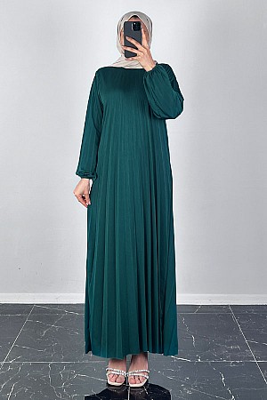 Piliseli Tesettür Elbise - Petrol Mavisi Piliseli Tesettür Elbise - Petrol Mavisi